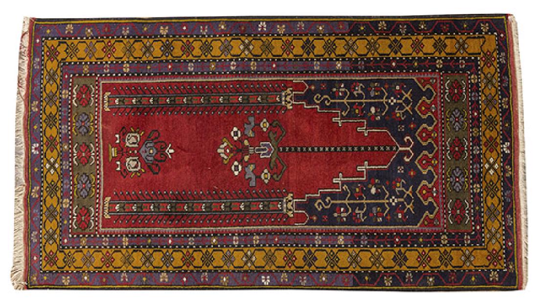 Oriental Prayer Rug: Red field with garden design all over. Purple, red, blue, yellow, ivory, and grey. 3' x 5' 4".