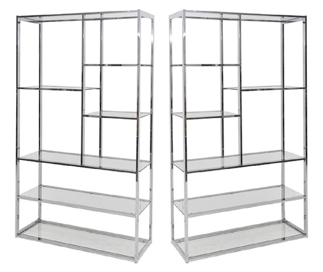 Milo Baughman Etageres: Etageres, pair, Thayer Coggin, USA, 1970's. Chrome plated metal, glass. 42W x 16D x 79 1/4H.