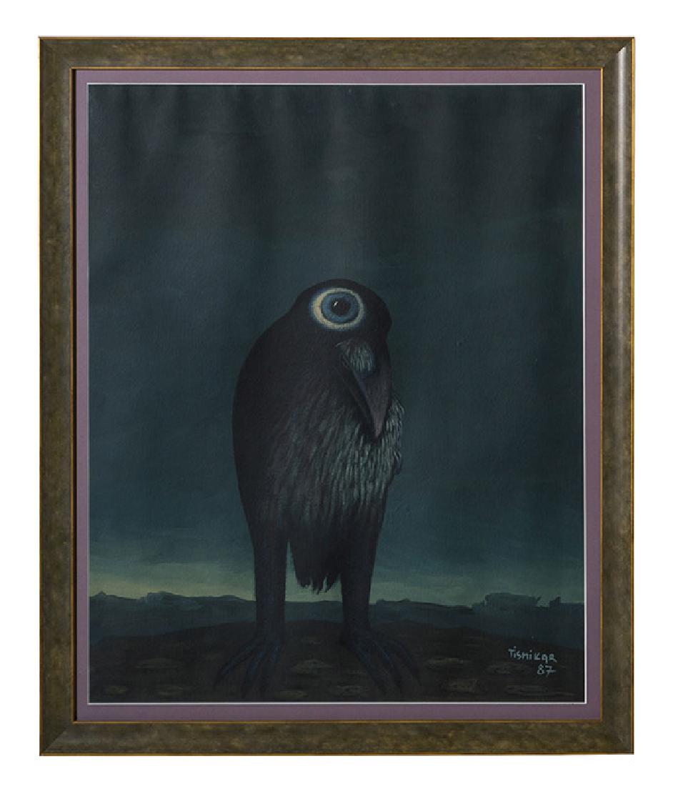Joze Tisnikar (1928-1998) Oil and Tempera (Croatia): Oil and tempera on paper, surrealist bird. Signed lower right and dated 1987. 22 1/4 x 17 1/2 Sight. Frame 26 x 21.