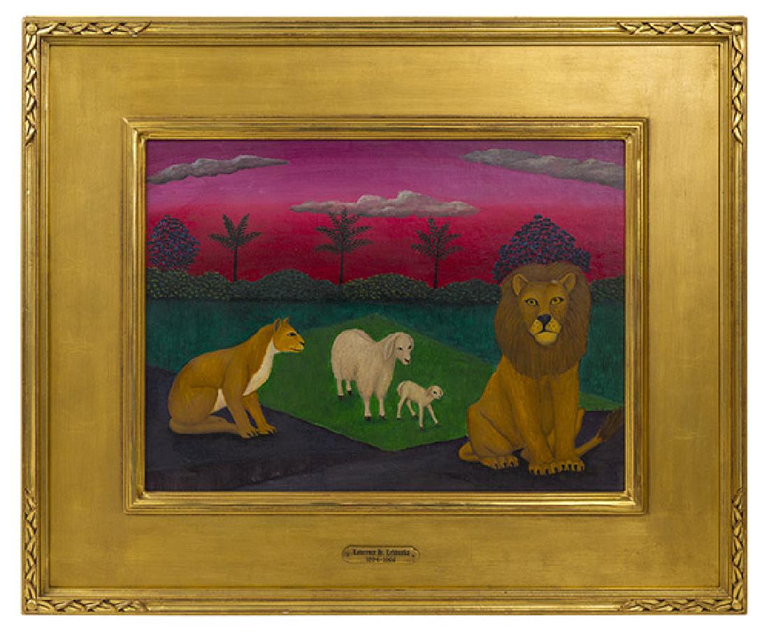 Lawrence Lebduska (1894-1966) Oil (NY, MA,Germany): Oil on board, "Animal Kingdom" signed and dated 1963 lower left, housed in beautiful gold leaf frame, with artist plaque. 14 1/2 x 19 1/2 Sight. frame 25 x 29.