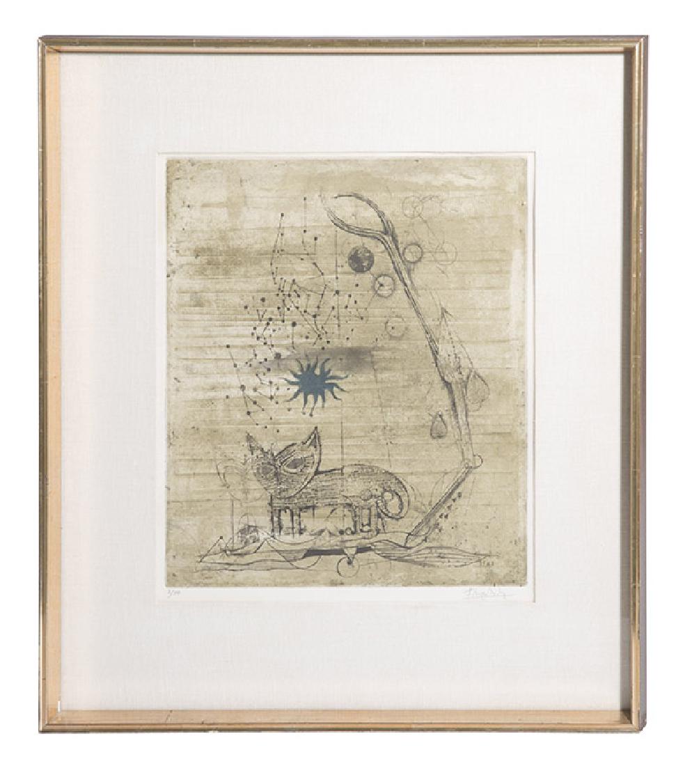 Johnny G. Friedlander (1912-1992) Etching: Etching on paper, surrealist cat. Signed lower right and numbered 3/80 in pencil lower left. Beautifully framed and matted. 14 1/4 x 12 image size. Frame 21 1/2 x 19.