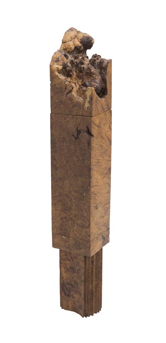 Michael Elkan (1942-2014) Monumental Box: Large box, USA, 1970's. Burled wood. Rare form, signature to underside. 4W x 3 3/4D x 25 3/4H