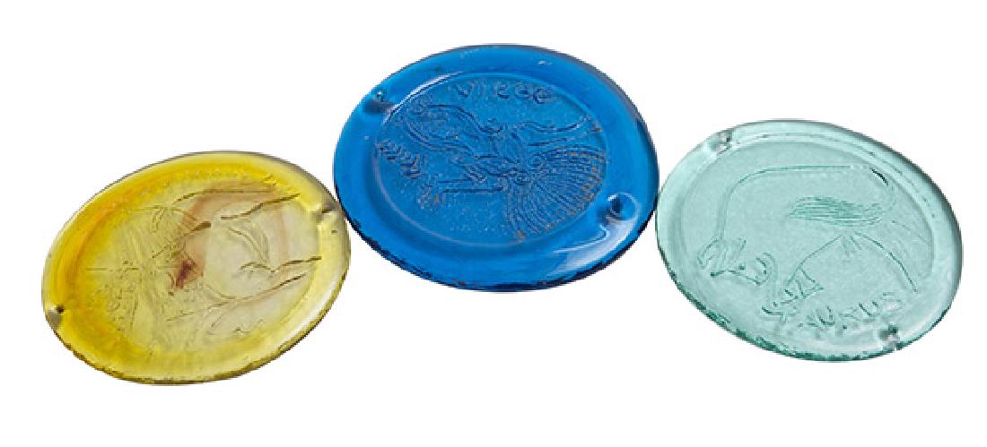 Blenko Window Hangings: Set of three, Blenko, 1960's. Tarus, Virgo, and Sagittarius. 8 1/2DIA.