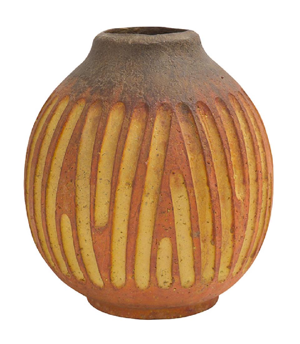 Marcello Fantoni Vase: Vase, Raymor, Italy, 1950's. Rare volcanic glaze over stoneware. Signature and manufacture to underside 8DIA x 9H.