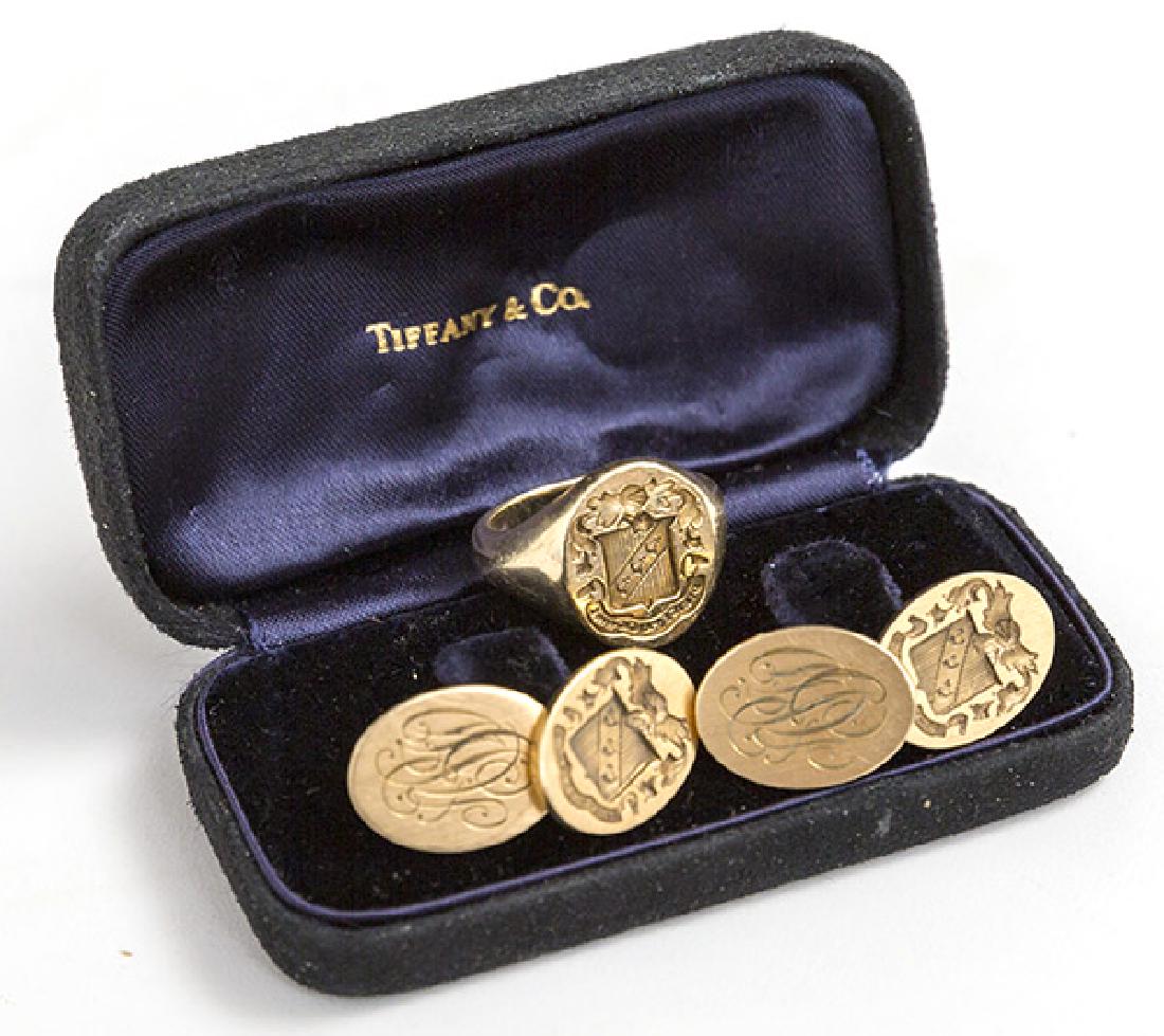 14K Tiffany and Company Ring and Matching Cuff Links: Man's ring and matching cuff links. Monogrammed. Marked Tiffany & Co, 14K. 21.7DWT. Apox. Size 7