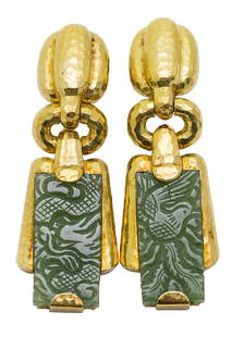 David Webb 18K carved Jade Clip Earrings: Approx. 2". Carved jade with bird. Approx. 26.7 dwt including stones. Signed Webb.