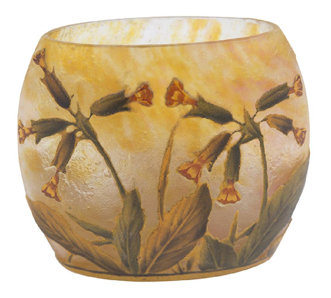 Daum Nancy Cameo Glass Vase: Circa 1900, Pillow-form cameo vase decorated with flowers. Signature to side with Croix de Lorraine. 3 3/4W x 2D x 3 1/4H.