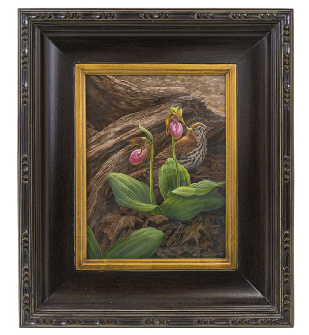 Mary Louise Holt (20th Century) Oil (Cincinnati): Oil on board. Bird sitting behind broken branch with flowers. Signed lower right. 12 x 9 sight, frame; 19 1/2 x 16 1/2.