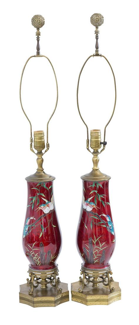 Meiji Period Japanese Cloisonné Lamps: Fine Pair vases converted into lamps with cranes and floral motif over a red field. Brass claw foot bases, mounts, caps and accents Cloisonne- 5 dia x 11h overall- 6w x 6d x 33 3/4h