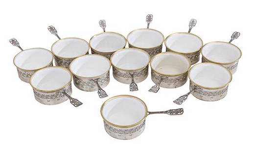 Watson & Newell Co. Sterling Silver Ramekins: Set of twelve ramekins with Lenox liners. Beautiful pierced sides and handles. Not monogrammed. Manufactures mark to underside #5734 sterling holders 3 1/4w x 5 7/8w x 1 1/2h