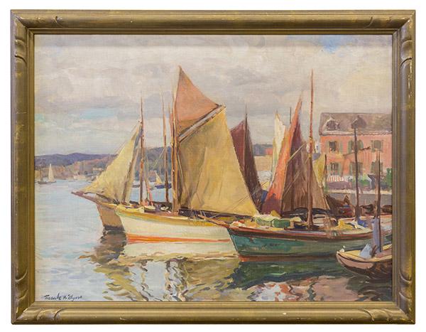 Frank Harmon Myers (1899-1956) Oil: Oil on canvas. "At rest in the harbor" signed lower left 24 x 32 1/4 sight