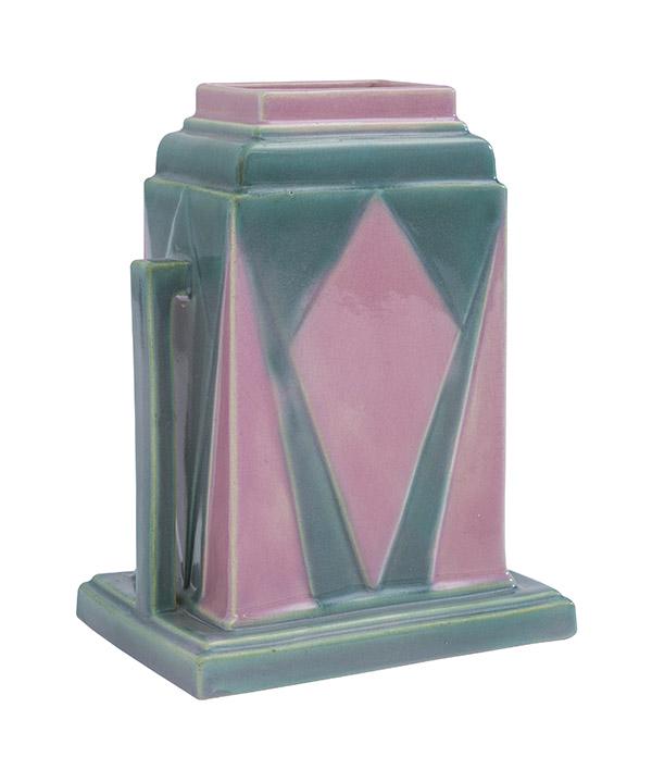 Roseville Futura Jukebox Vase: Vase, shape 386-8. Unmarked. 6 1/4w x 4 1/4d x 8h