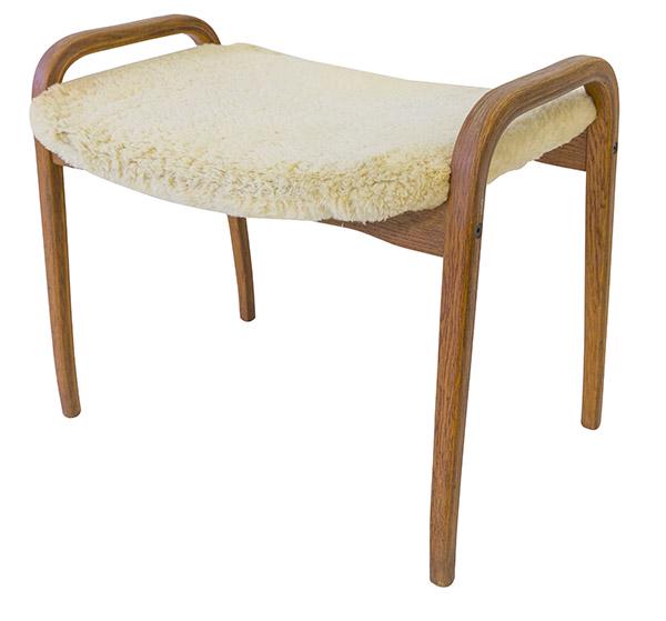Yngve Ekstrom Lamino Ottoman: Ottoman, ESE-Mobler. Sweden, 1956. Laminated beech and lamb skin 23 1/2w x 17d x 15 1/4h