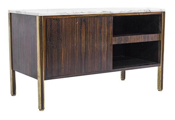 Italian Mid Century Credenza: Credenza, Italy, 1970s. Exotic wood, marble, and brass.