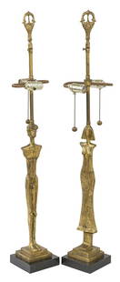 Tom Corbin Figural Table Lamp: Table lamps, USA. Painted bronze. In the manner of Alberto Giacometti, signature to base of each 5w x 5d x 38h