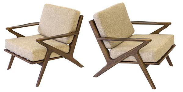 Poul Jensen "Z" Lounge Chairs: Lounge chairs, pair, Selig, Denmark, 1950s. Walnut with new upholstery. 29w x 30d x 29h