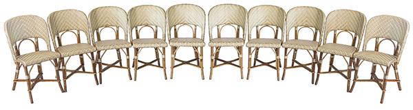 Maison Gatti Bistro/Dining Chairs: Dining chairs, set of ten, France, 20th century. Hand crafted rattan, bamboo, wicker, cane, resin, and beech. Original brass labels to back. 18 1/2w x 18 1/4d x 33 1/4h. 18 1/4 inches seat