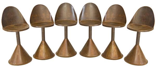 Copper Industrial Stools: Counter stools, set of six. Originally purchased in France. Cone pedestal base, hand made, copper. Excellent patina. 17w x 16d x 37h