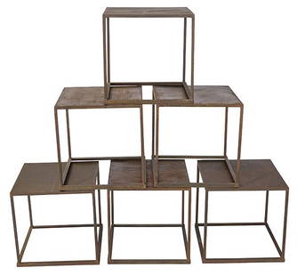 Industrial Occasional Tables: Occasional tables, set of six, USA, patented metal. Unlimited uses. 16w x 16d x 16 5/8h