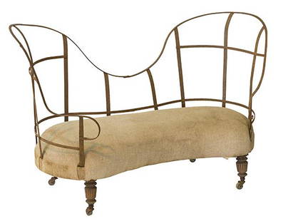 Unusual French Settee: Fine settee with curved front, France, 1880. Turned legs resting on castors and burlap upholstery. Amazing curved and shaped back. 60w x 29d x 37 1/4h.