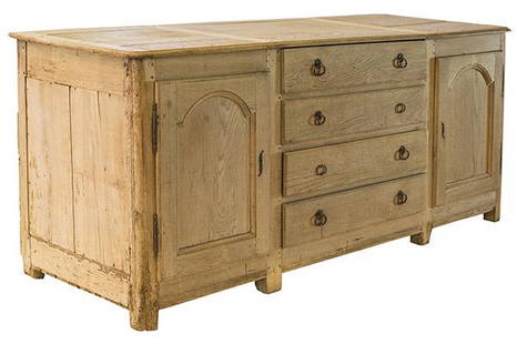 Country French Oak Buffet: Large country store buffet with four center drawers flanked by two doors. Cabinet rests on square block legs. Period style hardware. Amazing storage! 105w x 33d x 43 1/2h.