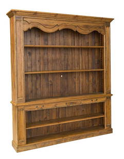 Country French Store Display Cabinet: French two part country cabinet with three drawers, cove molded top with exaggerated shaped apron. Fine finished slatted back. 88 1/4w x 15d x 99 3/4h