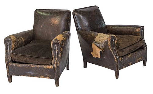 French Art Deco Club Chairs: Club chairs, pair, France. 1910-1925, leather, mahogany. 29 1/2w x 31d x 31h