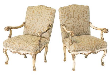 19th Century Louis XV Style Armchairs: Berge's, pair, France, 1840-1860. Antique white painted armchairs with some gilt carvings. Provenance: Bought at Sotheby's France in 1990's by currents owner. 27 3/4w x 26d x 40h