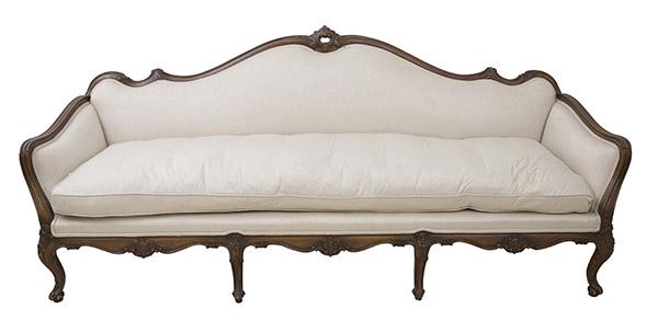 Meyer Gunther Martini Sofa: Louis XV style sofa, 1960's. Down filled upholstery, walnut. 89w 30d x 36 1/2h. Seat height 19.