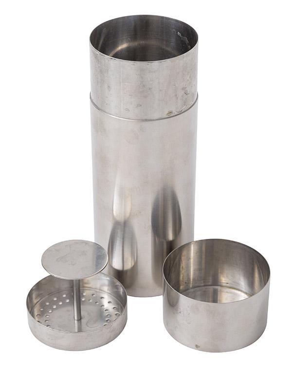 Arne Jacobsen "Cylinda" Cocktail Shaker: Vintage cocktail shaker, Stelton, Denmark, 1964. Brushed stainless steel. Manufactures marks to underside. 3 3/8dia x 9h