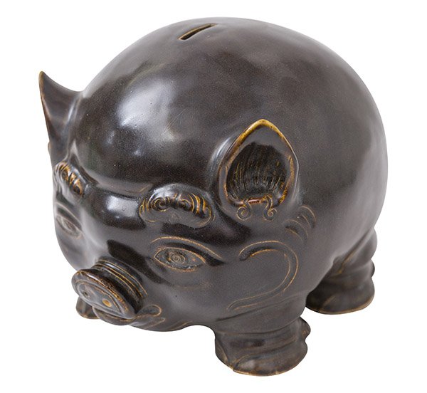 Scandinavian Piggy Bank: Piggy bank purchased at Illums Bolligus, Copenhagen Denmark. Glazed stoneware, plug on bottom. 8w x 11d x 8h