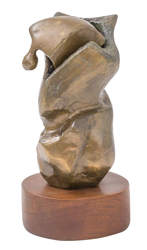 Olson (20th Century) Bronze Sculpture (USA): Two part bronze sculpture, cubist bronze sculpture with cubist style figure mounted to round walnut base, signed and dated to base. 1979. 4 1/2w x 4d x 8 1/2h