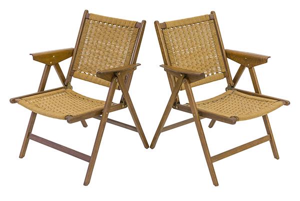 Han Wegner Style Folding Lounge Chairs: Lounge chairs, pair. Yugoslavia, 1960's. Walnut, rope cord. 23w x 27d x 31h. Seat height 16.