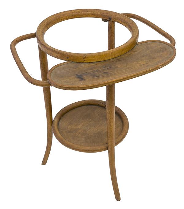 Michael Thonet Wash Basin: Rare wash stand with shelf, Gebruder Thonet, Austria, 1900-1904, bent and lacquered beech, brass. Top ring is for a bowl and the side rings are for towels. 25 1/2w x 22 1/2d x 30h.