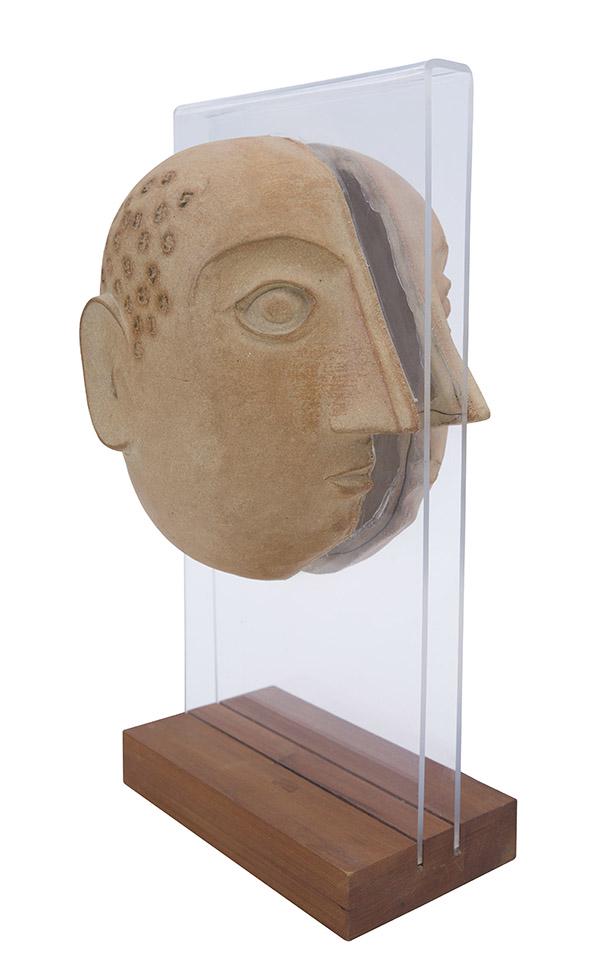 David Gil Sculpture: Unknown subject, Bennington Potters, USA, 1965. "The Jo-Jo Sculpture" Glazed stoneware, lucite, walnut. The title was given when a nephew asked "Is that Uncle Jo-Jo?" referring to Jonas Karp (Main Auc