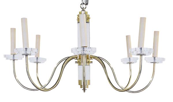 Frederick Cooper Chandelier: Chandelier, six branches. Late 1960's. Manufactures label to cap. Lucite, brass. 27 dia x 21 1/4h.