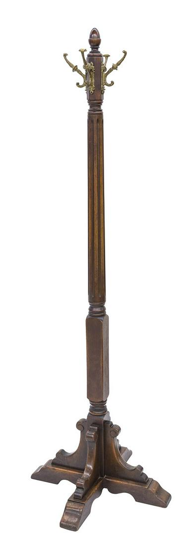 R.G. Kittinger Hall Tree (Wiedemann Hill Mansion): Circa 1900, hall tree, fluted shaft, brass hooks and colonial style feet. Manufactures brass label. Provenance: The Wiedemann Hill Mansion. 24w x 24d x 72 1/2h