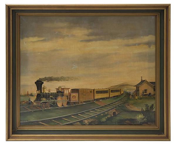 E. Parmentier Oil of Train: Oil on canvas, "American Express Train" Signed lower right and titled lower left. Stamped to verso. 20 x 24 sight.