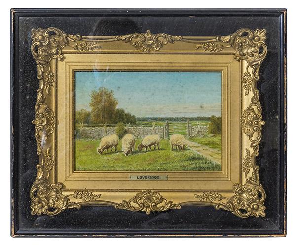 Clinton Loveridge (1838-1915) Oil (NY,NH): Oil on panel, sheep grazing. Housed in gilded ornate frame in shadow box. Signed with artists monogram lower left. 6 1/2 x 9 1/2 sight.