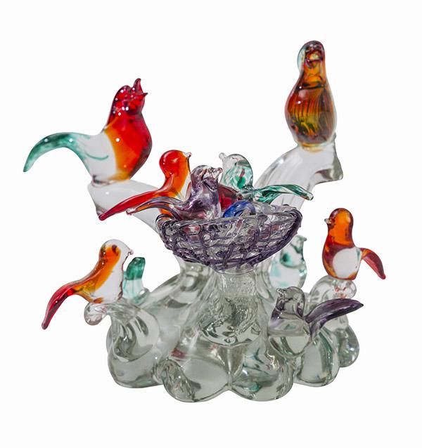Mario Sandon Hatching of the Eggs Glass Sculpture: Outstanding handblown multicolored bird sculpture on sculpted base. Mario Sandon Studio. Hand blown glass. Acid incised signature to underside. 10w x 8d x 8 1/4h.