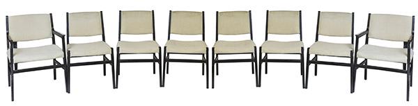 Scandinavian Dining Chairs: Dining chairs, set of eight, 1970's. Ebonized oak and upholstery. Arm- 22 1/2w x 22d x 32h, Side- 20w x 22d x 32h. SH-18"