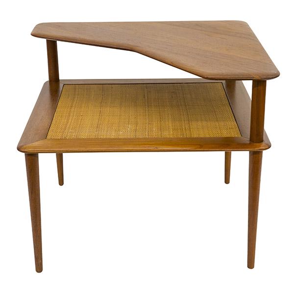Peter Hviat & Orla Molgaard-Nielsen Minerva Table: Occasional table, France & Son, Denmark, 1961. Manufactures label to underside. Teak, cane. 29 1/2w x 29 1/2d x 26 1/2h.
