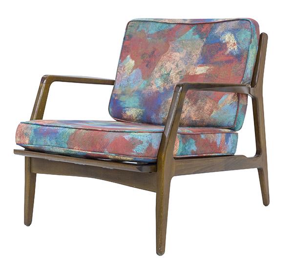 Ib Kofod Larsen Lounge Chair: Sculptural lounge chair, Selig, Denmark, 1960's. Upholstery, walnut. 30 1/2w x 30 1/2d x 27h. Seat height 15 1/2h.