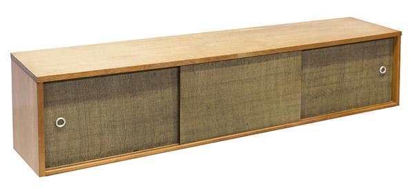 Paul McCobb Planner Group Wall Mount Cabinet: Custom wall mount cabinet. Winchendon, USA, 1952. Birch, grass cloth, aluminum. 55 1/2w x 12 1/4d x 12 1/2h.
