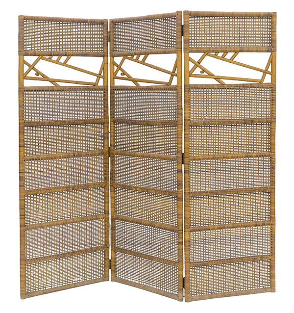 California-Asian Room Divider: Screen, three panels, USA, 1950's. Rattan, cane, brass. Open- 76w x 1 1/4d x 77 1/2h, Closed- 25 1/4w x 4d x 77 1/2h.