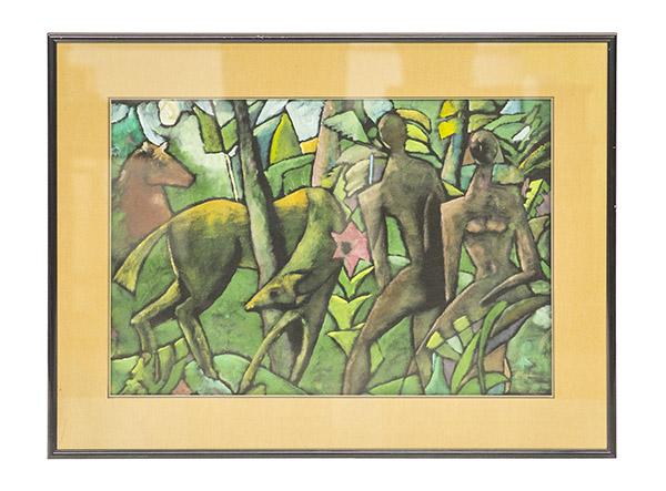 L. Negler Cubist Style Oil: Oil on board, cubist style figures in jugle with animal. Signed lower right.