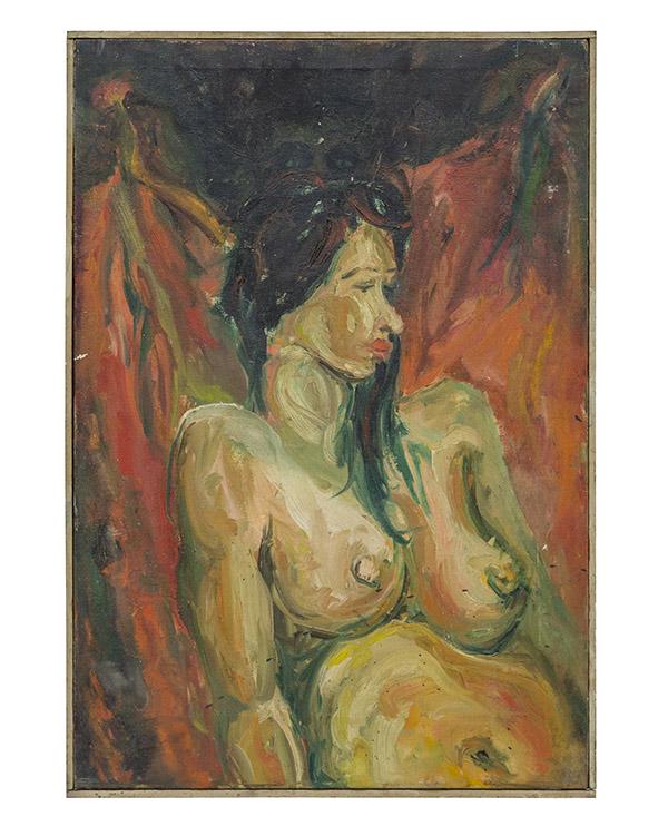 Wilbur T Bruce (20th Century) Oil (Columbus, OH): Outsider oil on canvas, untitled, impressionistic nude of African American Lady. Original frame. Wilbur T Bruce African American Columbus outsider artist. His work has not been offered regularly. Prov
