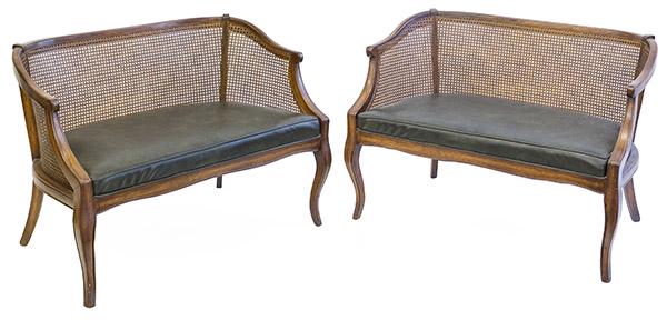 Italian Provencial Settees: Settees, pair. Walnut, cane, and vinyl. 1960's. 41w x 22d x 30h SH 17