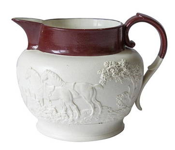 Rare John Turner Stoneware Jug: Sprigged circa 1770's Georgian fox hunter scene in country side. Earlier than normal "Turner" mark and created while John Turner was still alive. Original glaze. 7 1/2w x 6d x 5 1/2h