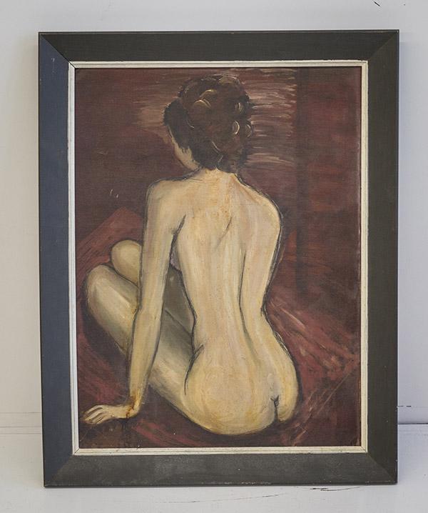Oil of Nude: Oil on masonite. Sitting nude with back turned. 24 x 18 sight.